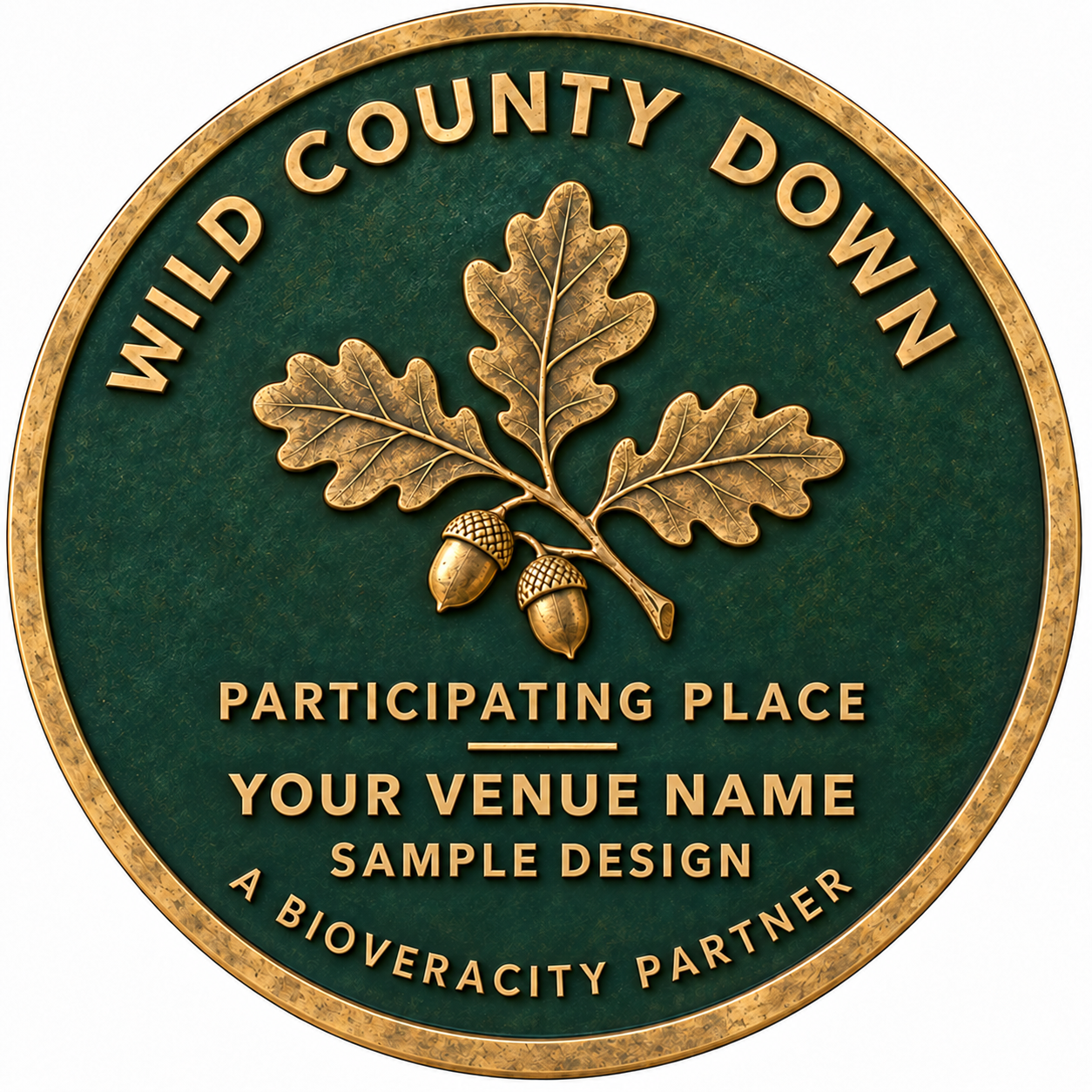 Example personalised Wild County plaque with oak leaves and green and gold lettering, shown for County Down